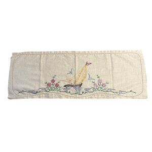 Vintage Linen Table Runner Desk Scarf Wonder Art Hand Embroidered Sailboat Flora